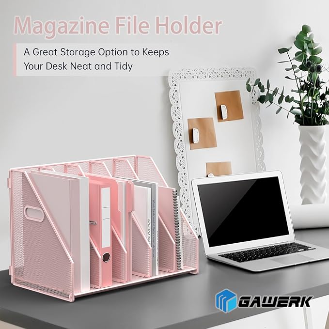 Desk File Organizer Metal Desk Magazine Folder Holder with 5 Vertical Compartments Rack File Organizer for Office, Home, School (Pink)