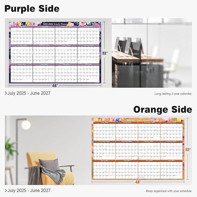 Ospelelf 32'' x 48'' Large Dry Erase Calendar for Wall 2025-2027, 2 Year Laminated Calendars Monthly Family Calendar for Office, Use July 2025 - June 2027 (Floral)