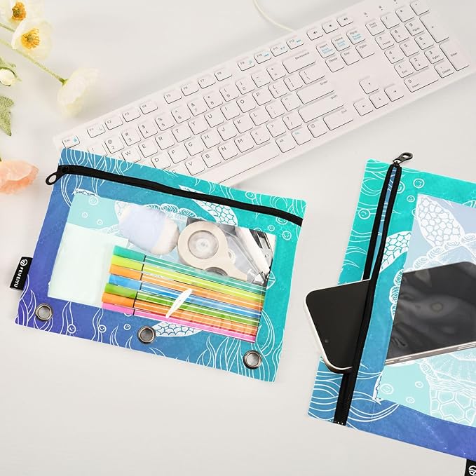 ALAZA Pencil Pouch for 3 Ring Binder, Underwater Sea Turtle Seaweed Print Binder Pencil Pouches with Clear Window Zipper Pencil Case Cosmetic Bags for Office College Supplies, 2PCS