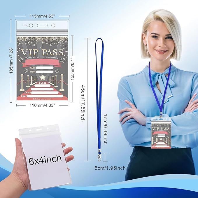 Fushing 50pcs Clear Plastic Vertical Name Tags Badge ID Card Holders and Blue Neck Lanyards with Swivel Hook for School, Festival, Event (XXL)