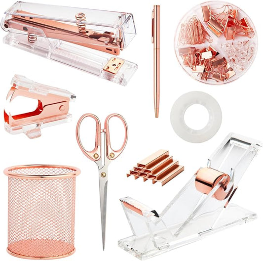 Rose Gold Desk Accessories, Office Supplies Set with Acrylic Stapler, Tape Dispenser, Staple Remover, Pen Holder, Scissor, Binder Paper Clips, 1 Ballpoint Pen, 1 Clear Tape and 1000pcs Staples