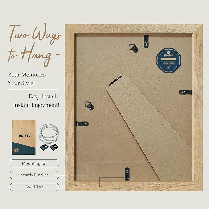 8x10 Picture Frame 4 Pack, Textured Natural Wood, HD Tempered Glass, Gallery Photo Frame, Table or Wall Display