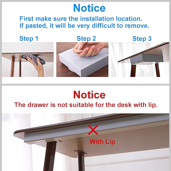 2 Pack Under Desk Drawer Self-Adhesive Desktop Storage Organizer, Hidden Attachable Slide Out Desk Drawer, Under Table Tray for Pencil Pen Stationery Office Organization, White