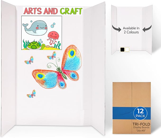 EPI Tri Fold Cardboard Display Board. Large 36 x 48in White Tri-fold Poster 12 Pack. Professional Presentation Boards with Rounded Corners for Science Fair Project, School and Business Presentations
