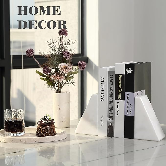 Marble Book Ends Decorative, Unique Bookends for Shelves, White Stone Bookends Holds Heavy Books, Weighted Book Holder Stopper for Home Office Desk Bookshelf Decoration, Set of 2