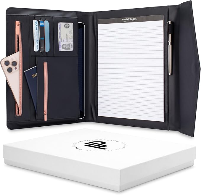 FOREVERMORE PORTFOLIOS Padfolio Binder Organizer for Women | Faux Leather Portfolio Folder for Resume, Documents, Notebook, Tablet and Business Cards | Notepad Included - Black