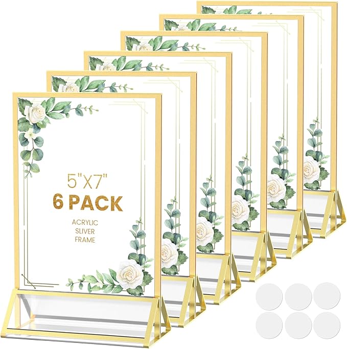 Gold Frames 5X7 Acrylic Sign Holder Tabletop Gold Picture Frames for Wedding Table Numbers Menu Holder Diaplay Stand Flyer Holder with Double-Sided Sticky Dots-6 Pack