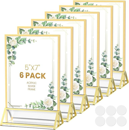 Gold Frames 5X7 Acrylic Sign Holder Tabletop Gold Picture Frames for Wedding Table Numbers Menu Holder Diaplay Stand Flyer Holder with Double-Sided Sticky Dots-6 Pack