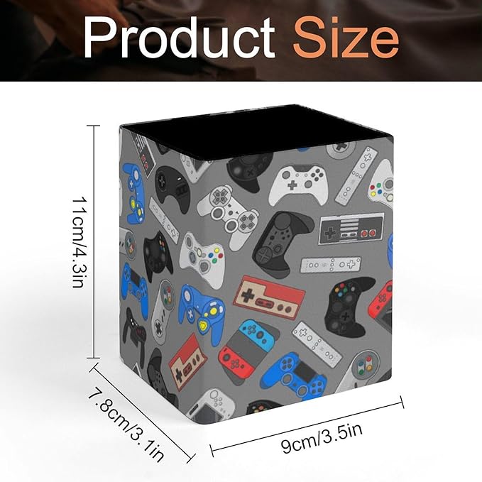 Square Pen Holder & Pencil Organizer for Desk - Office Storage Organizer, Markers/Makeup Brushes/Scissors Holder, Compact Desk Decor Accessories for Home Classroom School(Video Games)