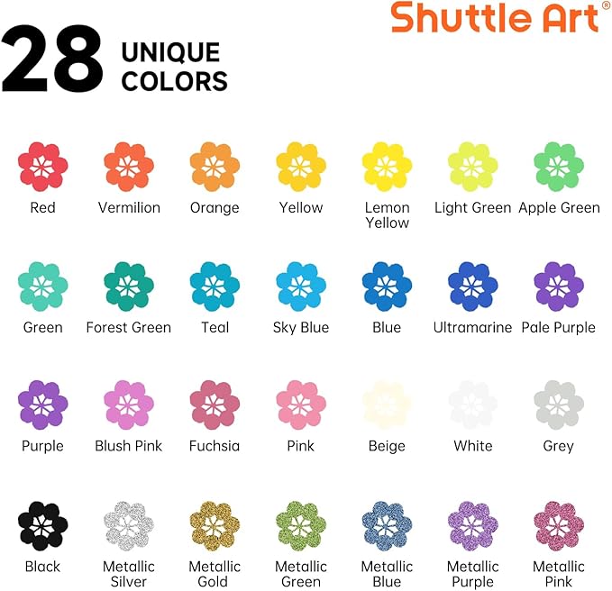 Shuttle Art 28 Colors Dual Tip Acrylic Paint Markers, Brush Tip and Dot Tip Acrylic Paint Pens for Rock Painting, Ceramic, Wood, Canvas, Plastic, Glass, Stone, Calligraphy, Card Making, DIY Crafts