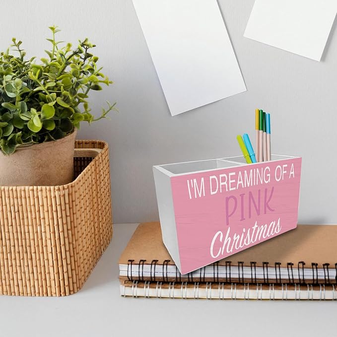 Pink Christmas Pen Holder for Desk, I'm Dreaming of a Pink Christmas Wooden Box Sign Desk Decor for Girls Bedroom Home Office Decoration, Preppy Xmas Pencil Organizer