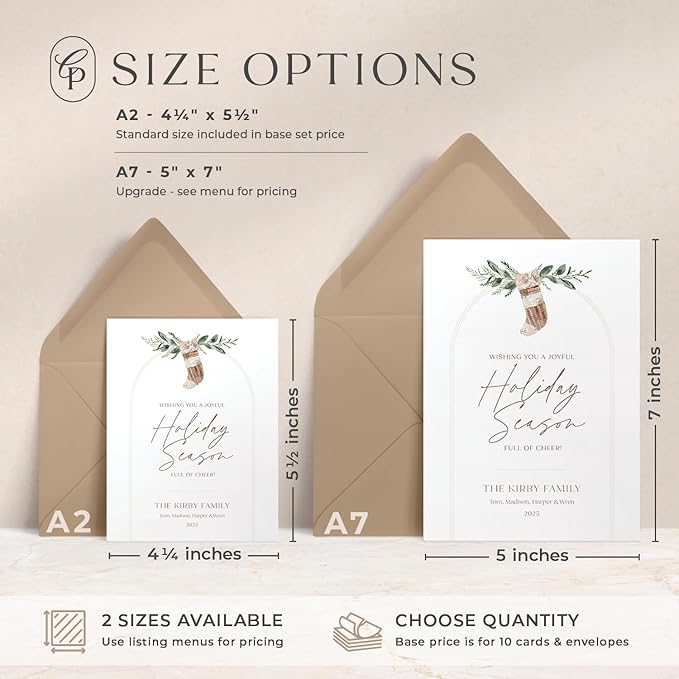 Personalized Stationery for Women & Men, A2 Family Christmas Cards Set, Stocking & Greenery Personalized Note Cards with Envelopes, Holiday Stationery Set for Family - Boho Holiday Flat