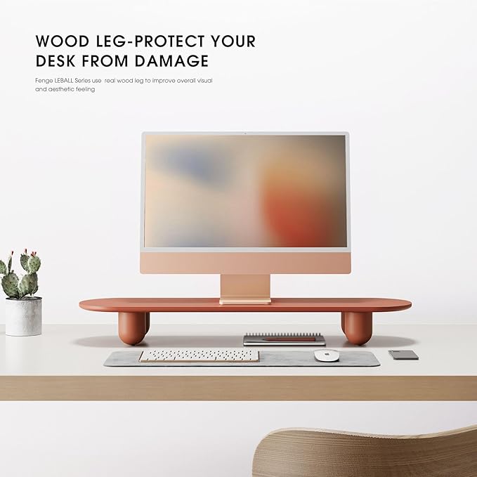 Fenge Monitor Stand Riser, 34 Inch Dual Monitor Riser for Large Monitors, Desk Organizer with Wooden Shelf & Solid Wood Legs, Computer Stand for Laptop, TV, PC, Printer, Red