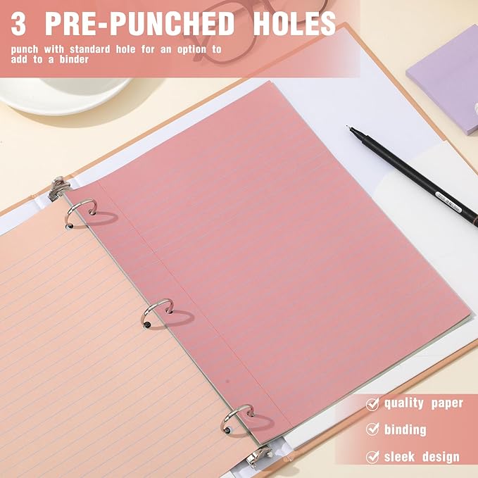 PerKoop 12 Pack 600 Sheets Colored Lined Paper Bulk Wide Ruled 8 x 10.5 Inches, Pastel Loose Leaf Notebook Paper 3 Hole Punched Filler for Back School Classroom Supplies(Boho Color)