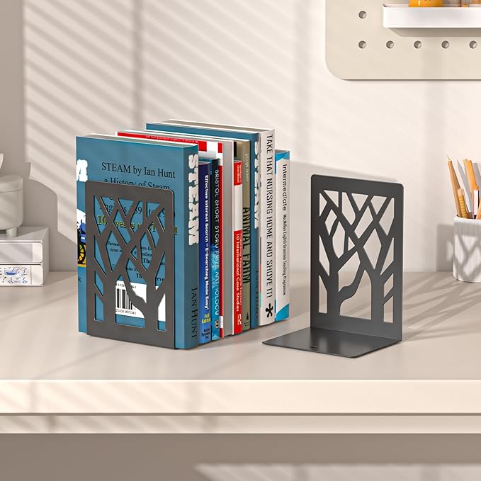 VFINE Metal Bookends, 8 Pieces Tree Design Bookends for Shelves, Black Book Ends for Desk, Bookshelf Bookends Decoration Stylish Metal Book Ends for Home Office