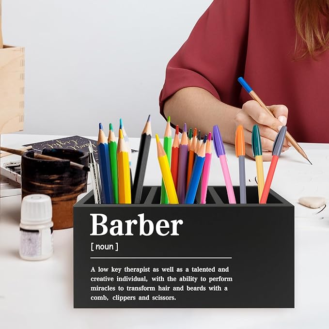 Barber Definition Pen Pencil Holder Organizer for Desk, Salon Barbershop Decor, Modern Minimalist Barber Shop Wooden Box Signs Decorations for Home Office Desk Tabletop