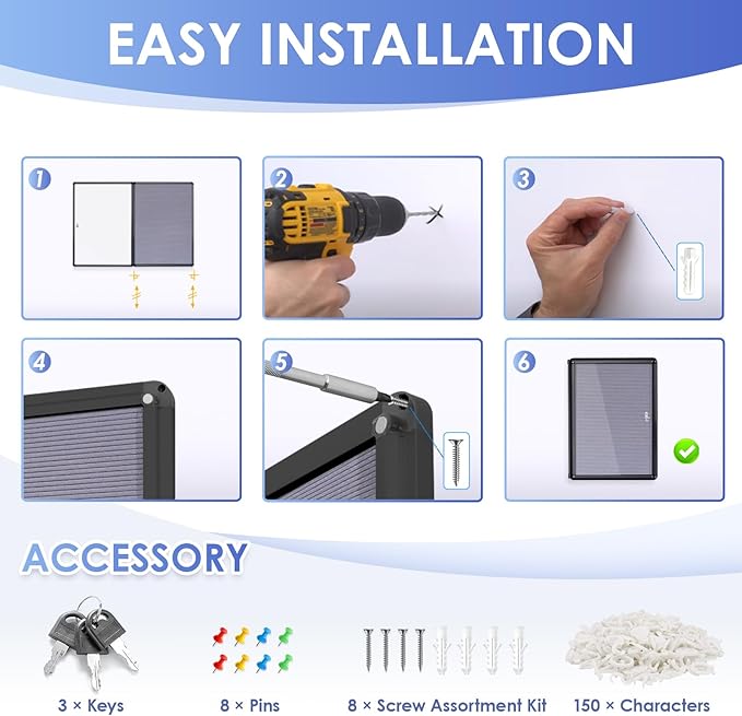 SWANCROWN Enclosed Bulletin Board with Locking Door 20x14 in, Lockable Felt Letter Board Sign Tamperproof Message Board for Office School Home, Black Aluminum Frame, Grey