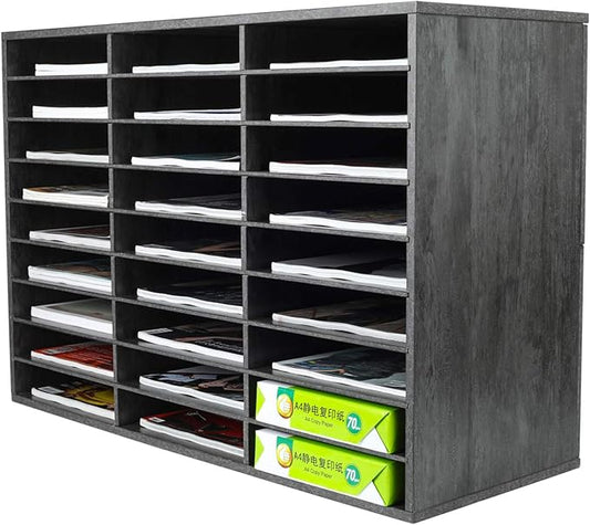 PAG Mail Sorter Organizer, Wood Literature Organizer, Student Mailbox for Classroom, Desktop Bill Paper Organizer for Office Home School, 27 Compartments, Dark Gray