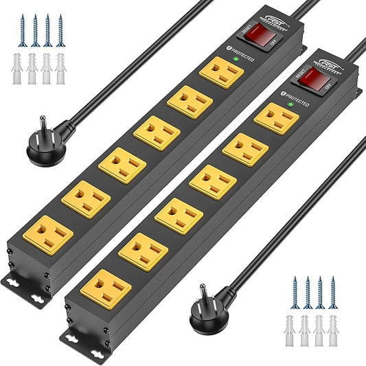 CRST 2Pack 6 Outlet Surge Protector Power Strip 2100J with Switch, 15A/1875W Heavy Duty Mountable Power Strip, Wide Spaced Power Bar for Garage Worshop Home School, 6 FT Cord（ Black+Yellow）