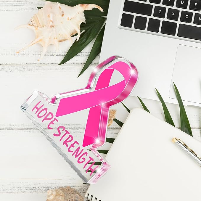 Pink Ribbon Breast Cancer Awareness Sign - 4x4 Inch "HOPE STRENGTH" Acrylic Desk Decor, Survivor Support Gift for Chemo Rooms, Offices, and Healing Spaces
