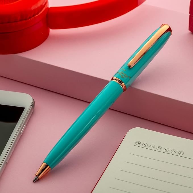 ZenZoi Turquoise Ballpoint Pen – Retractable, Executive Pen for Women w/Rose Gold Trim. Nice Writing Schmidt Ink Refills. Fancy, Luxury Pen Gift Set. Note Taking, Journaling Ball Pen