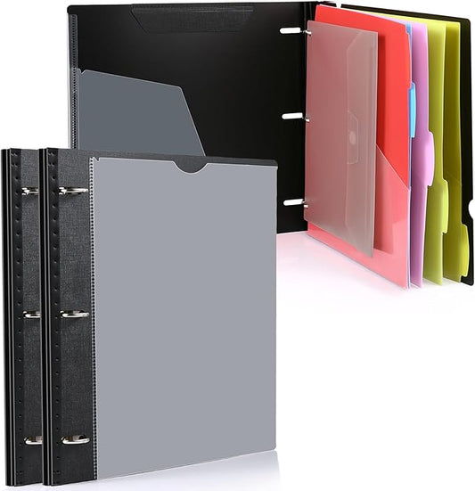 WOT I Telescoping Project Organizer 2-Pack, Refillable 3 Ring Binder with Dividers and Pockets, 13 Pocket Folders, 1 Inch 3 Rings, Black