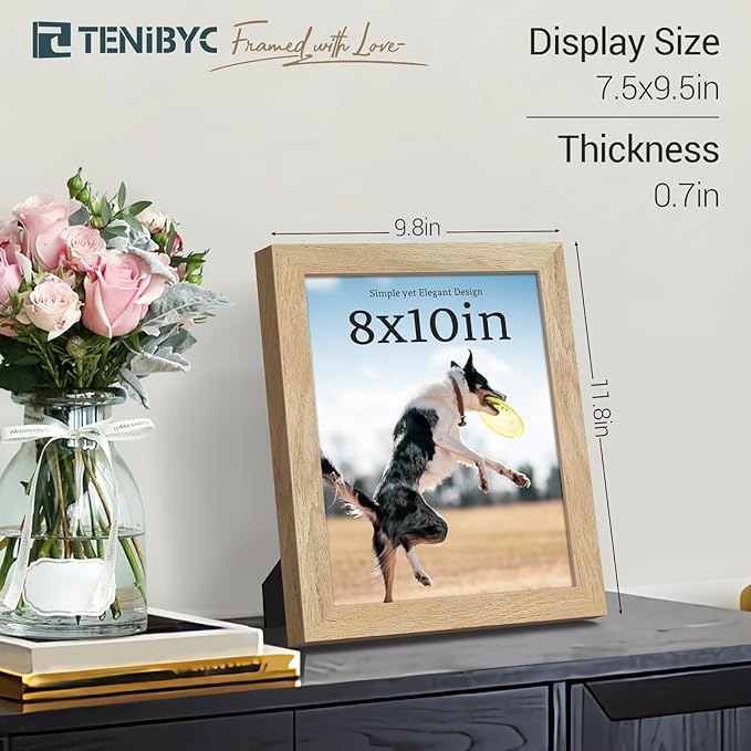 8x10 Picture Frame 4 Pack, Textured Natural Wood, HD Tempered Glass, Gallery Photo Frame, Table or Wall Display