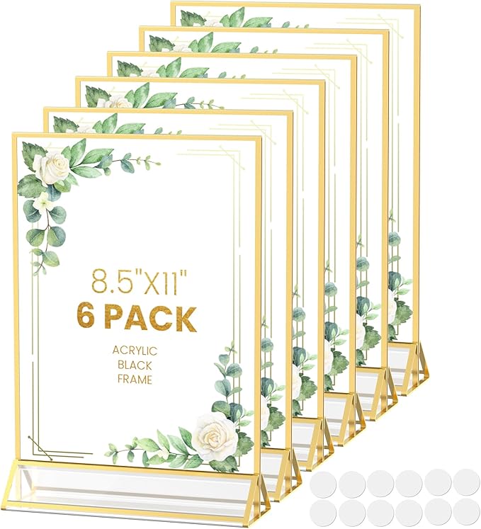 Acrylic Sign Holder 8.5X11 Gold Frames Double-Sided Gold Picture Frames for Menu Holder Wedding Table Numbers Display Stand with Removable Sticky Dots -6 Pack