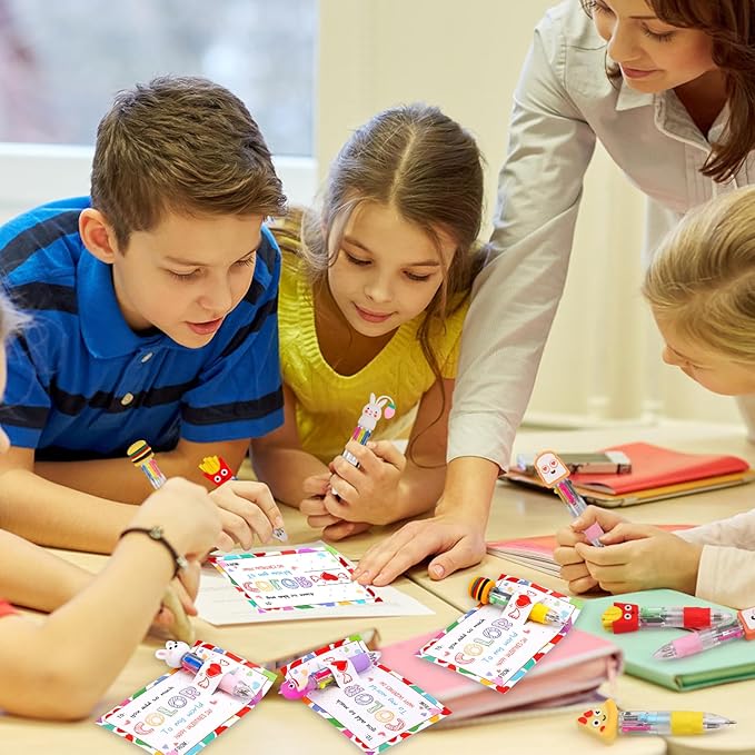 CZWZ 30 Set Cute Multicolor Pens in One 4-in-1 Fun Pens Bulk with 30 Valentines Day Cards for Valentine's Day Party Student Colleagues Greeting Exchange Gift Office School