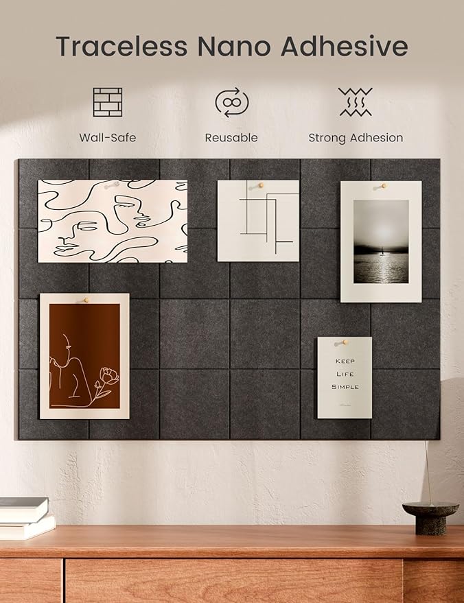 Bumusty Large Cork Board Alternative-36 x24 Felt Bulletin Board Tiles, with 30 Pushpins, 40 Adhesive Tabs, 6-Pack Slat Wall Paneling, Cork Boards for Office Push Pin Board Felt Board-Charcoal Gray