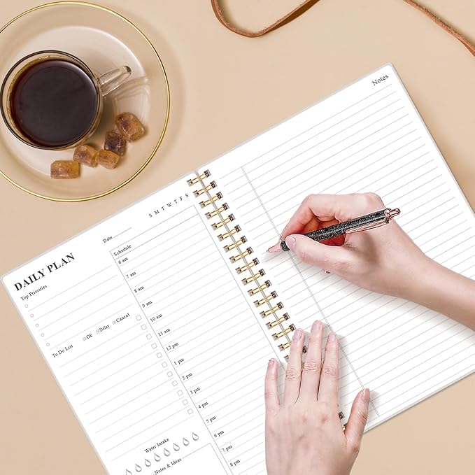 Daily Planner Undated - B5 To Do List Notebook Hourly Schedules, Spiral Appointment Planner for Women and Men, PVC Hardcover, Inner Pocket, Elastic Closure, 7" x 10", Rose Flower