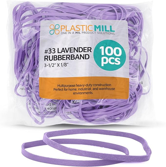 PlasticMill Lavender Rubber Bands Size 33 (3 1/2" x 1/8") - #33 Colored Rubber Bands Office Supplies - Strong, Elastic Bands for Crafts, Balloon Garland, Cash, File Folders (100-Pack)