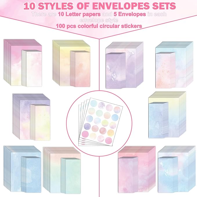 250Pcs Watercolor Stationery Paper and Envelope Set with 100 Letterhead Papers and 50 Envelopes, 10 Design for Letter Writing Invitations Computer Holidays Party Notes, 8.5x11 Inch-Aesthetic