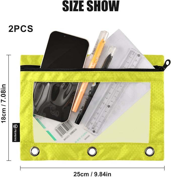 Gredecor Binder Pencil Pouch 3 Ring Lemon Yellow Zipper Pencil Pouches Case 2 Pack Clear Binder Organizer for School Office