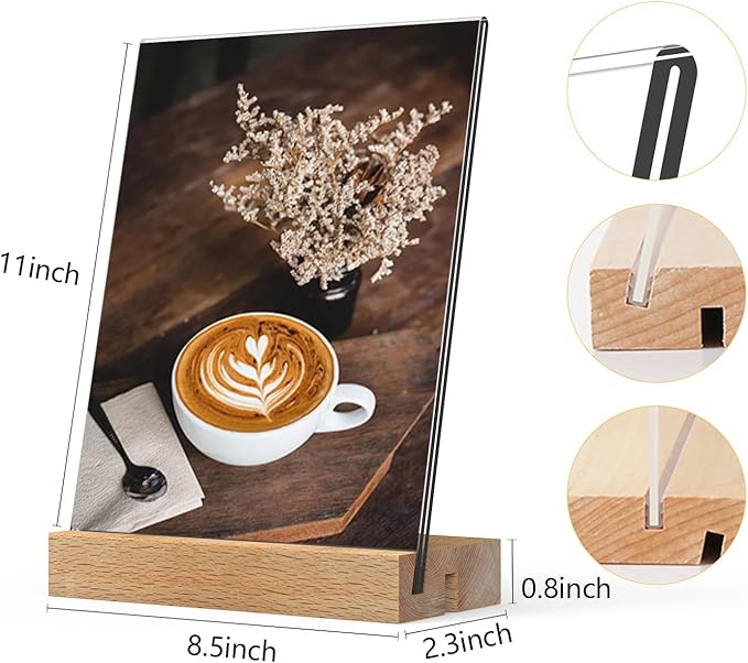 3 Pack Acrylic Sign Holder with Wood Base, Vertical and Slant Menu Flyer Stand, Double Sided Clear Display Stand for Restaurant, Wedding, Store, Office (5x7'', L/T Shape 2 in 1)