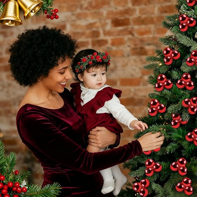 YIYA 18 PCS Christmas Tree Picks Ornaments Red Xmas Ornaments on Wired Stems Shatterproof Christmas Ball Picks Branches for Tree Vase Wreath Garland Indoor Outdoor Garden Holiday Party Decor