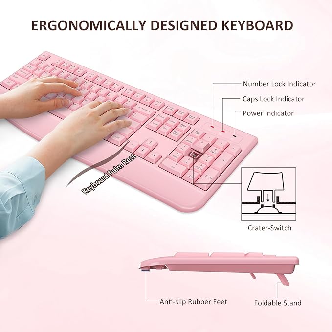 Wireless Keyboard and Mouse Combo, Full-Sized 2.4GHz Wireless Keyboard with Comfortable Palm Rest and Optical Mouse for Windows, Mac OS PC/Desktops/Computer/Laptops (Full Pink)