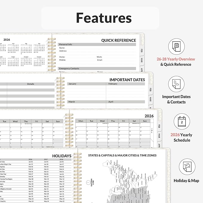 SUNEE Planner 2026 Weekly and Monthly, January 2026-December 2026, 8.5"x11", Tabs, Note Pages,Spiral Binding, Pink