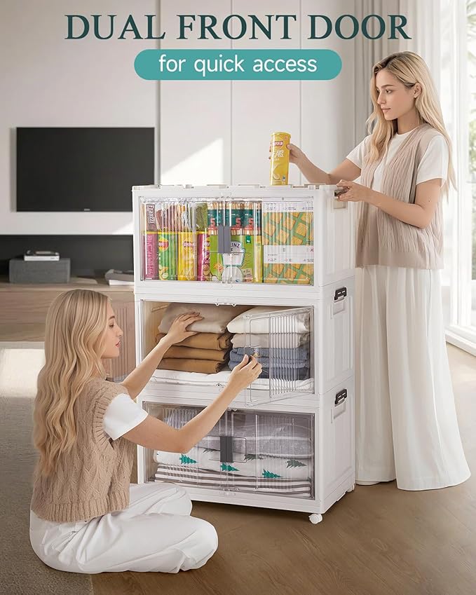 OlarHike 97QT Stackable Storage Bins with Lids - Folding Storage Box with Doors and Wheels, Collapsible Plastic Storage Drawers for Closets, 4 Pack Cubes