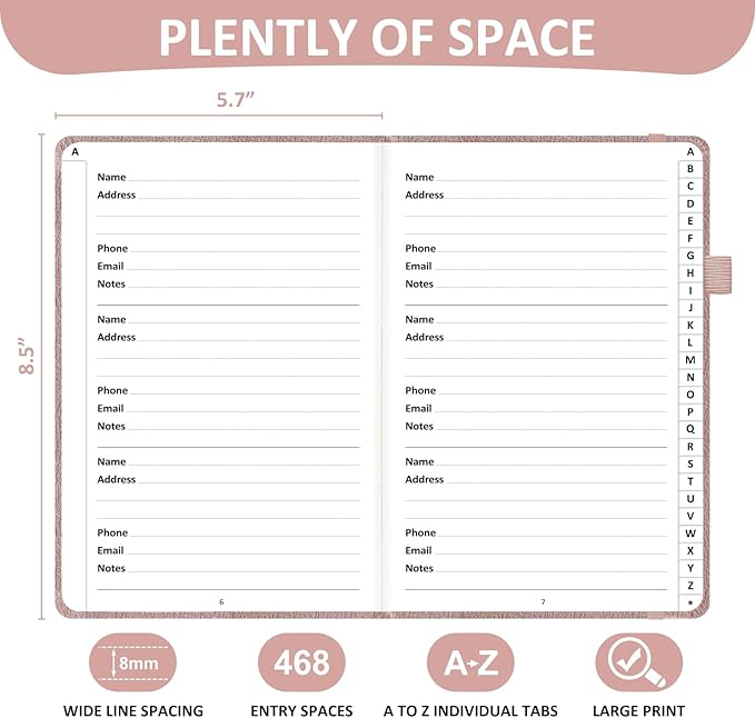 Address Book with Individual Alphabetical Tabs Laminated, Large Print Address Book with 468 Wide Lining Entry Spaces, Change of Address Labels, Hardcover Address Book 5.7 x 8.5" - Rose Gold