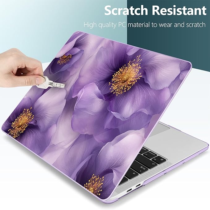 TWOLSKOO Compatible with MacBook Pro 13 inch Case 2023-2016 A2338 M2/M1 A2251 A2289 A2159 A1989 A1706, Plastic Hard Shell Cover & Keyboard Skin & Screen Protector, Purple Flowers