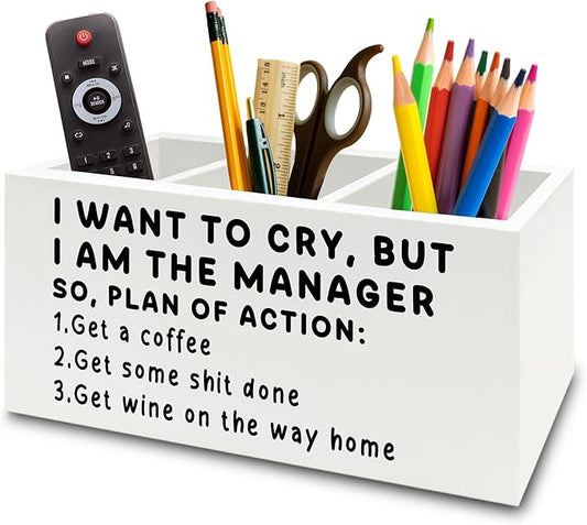 Funny Pen Office Pencil Holder Organizer for Desk, Manager Gifts for Women Men, Funny Coworker Gifts Wooden Box Sign for Home Office Desk Tabletop Decorations