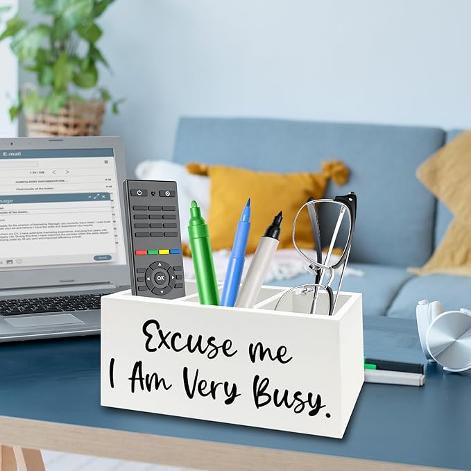 Funny Pen Pencil Holder Organizer for Desk, Funny Office Decor, Excuse Me I Am Very Busy Wooden Box Signs Decorations for Home Workplace Office Desk Tabletop