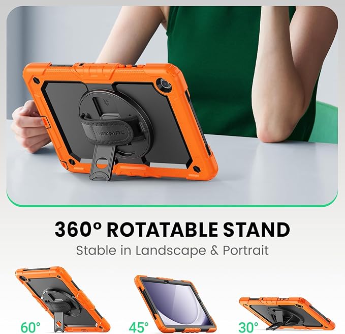 SEYMAC Case for Samsung Galaxy Tab A9+/ A9 Plus 11" (SM-X210/X216/X218), Heavy Duty Shockproof Protective Case with Screen Protector, Rotating Stand, Hand/Shoulder Strap, Orange