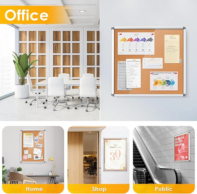 SWANCROWN Enclosed Bulletin Board 36x24 in, Tamperproof Lockable Cork Board Wall Display Case for Office School Home, Aluminum Frame