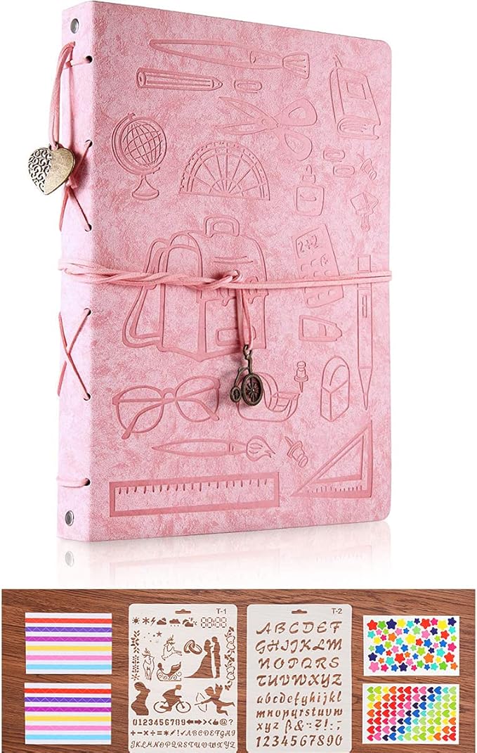 ThxMadam Leather Pink Scrapbook Album with 60 Pages Present Scrapbooking Supplies Kits for Birthday Day Gift for Teacher Student Kids Friend Travelling Scrapbook Family Scrap Book