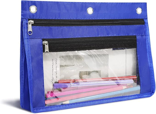 YoeeJob 1 Pack Pencil Pouch for 3 Ring Binder, Expandable Binder Pouches with Zipper, Large Capacity Pen Holder Case with Clear Window School Class Office Organizers, Blue