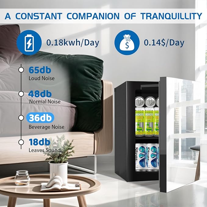 Compact Freestanding Beverage Refrigerator and Personal Beauty Fridge, 24 Can/ 0.9 Cu.Ft Mini Fridge with Mirror-Front Door for Cosmetics, Skincare, Soda, Beer and Wine