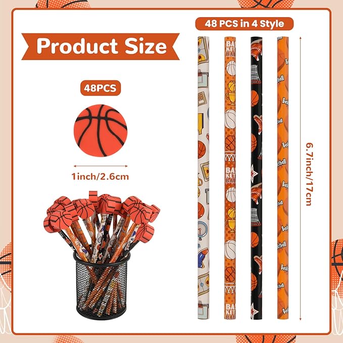 48pack Gifts Basketball Pencils and Erasers Stationery Pencils for Students Office School Classroom Rewards Supplies (basketball2)