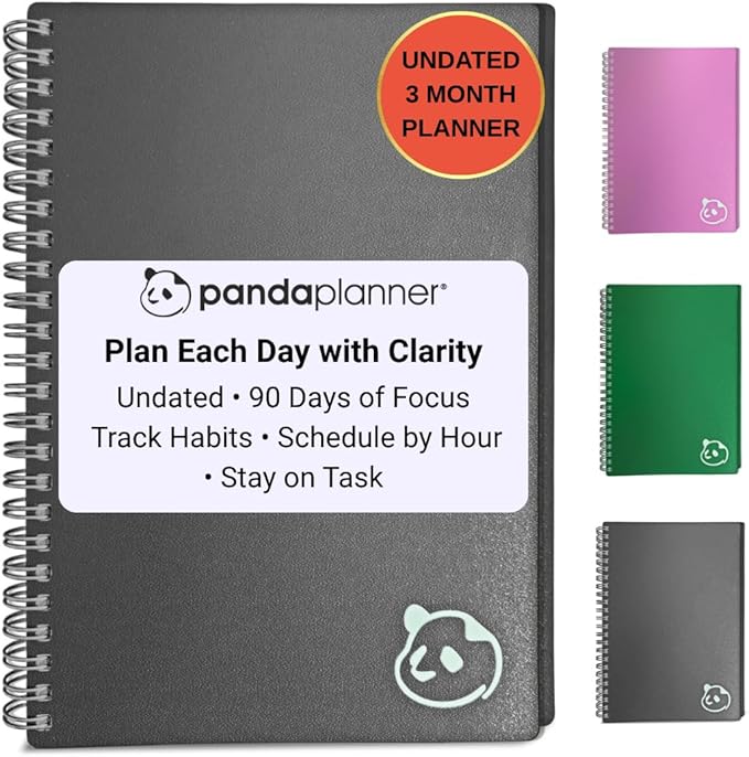 Panda Planner 2025-2026 Undated Daily Planner 5.75" x 8.25" – 90-Day Spiral Academic & Productivity Planner with Hourly Schedule, Habit Tracker, To-Do List & Monthly Calendar – ADHD-Friendly Panda Journal (Gray)